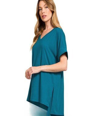 ZENANA BRUSHED MICROFIBER SHORT SLEEVE V-NECK TOP S-XL TEAL